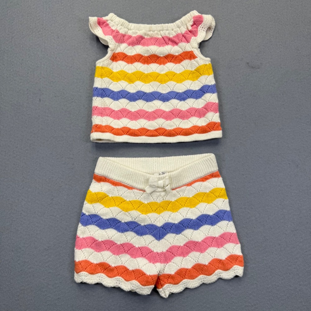 Janie and Jack Kids 2T Multi Stripe Knit Top and Shorts Set Scalloped Rainbow